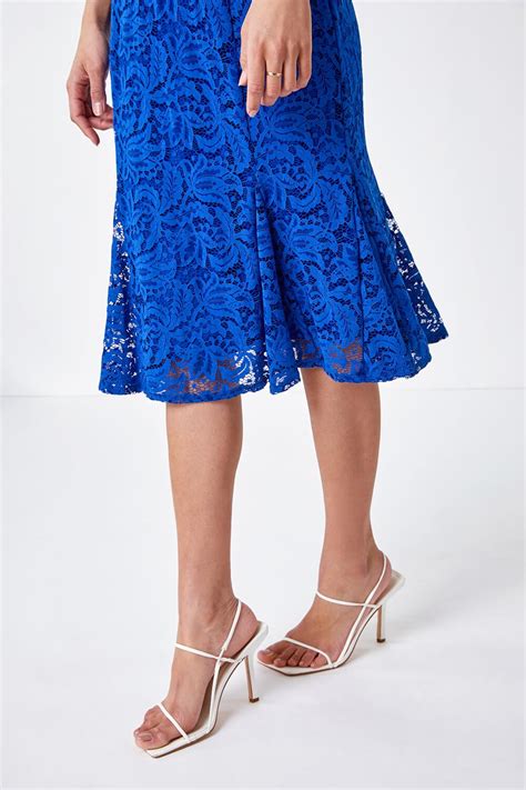 Flute Hem Lace Midi Dress In Royal Blue Roman Originals Uk