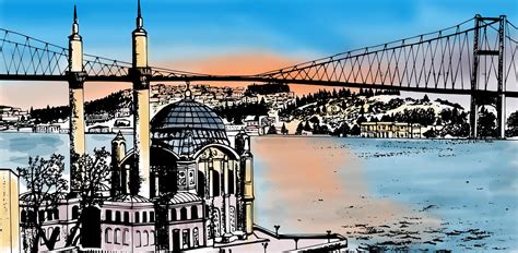 Ilustración Coloreada Del Puente Del Bósforo De Estambul Stock de