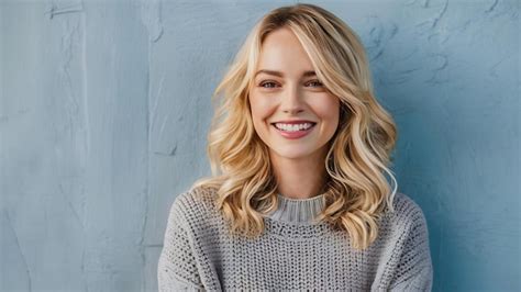 Premium Photo Blonde Woman In Knitted Sweater Smiling Happily