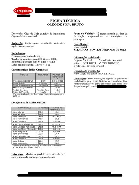 Densidade Oleo De Soja - Óleo de Soja Bruto: Ficha Técnica Completa | PDF | Soja