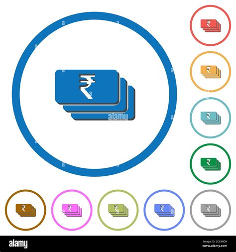 Indian Rupee Banknotes Flat Color Vector Icons With Shadows In Round