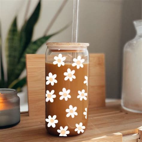 Daisy Iced Coffee Cup Groovy Daisy Flower Glass Can Tumbler Birthday