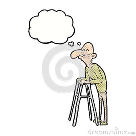 Cartoon Old Man With Walking Frame With Thought Bubble Stock