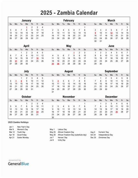 Year 2025 Simple Calendar With Holidays In Zambia