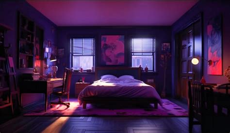 Premium Photo | The purple bedroom with black bed and white table