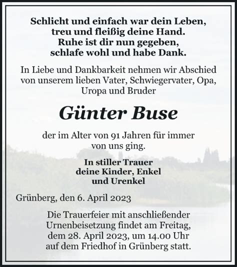 Traueranzeigen von Günter Buse Trauer Nordkurier