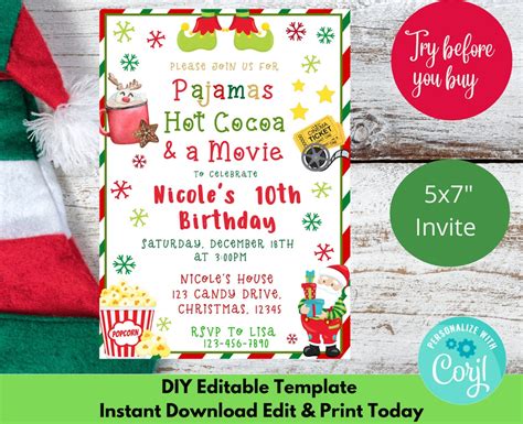 Christmas Movie Night Invitation Kids Holiday Birthday Invite - Etsy