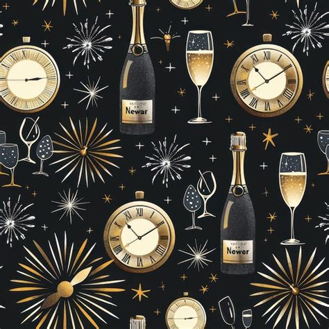 Seamless New Years Eve Celebration Pattern With Fireworks And Champagne