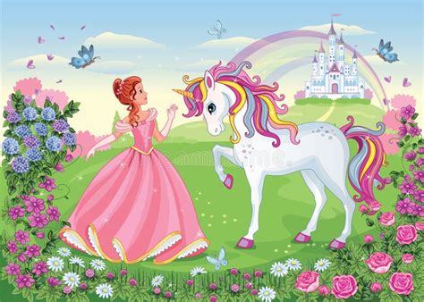 Beautiful Princess With White Unicorn Cute Fairy Fairytale Background