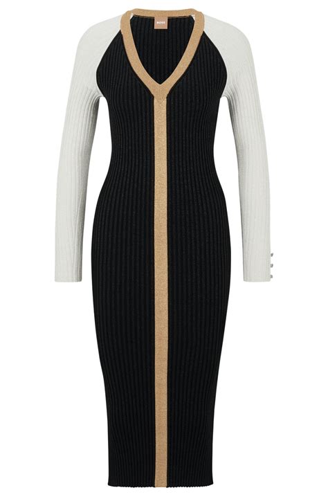 Boss V Neck Knitted Dress In Metallised Fabric