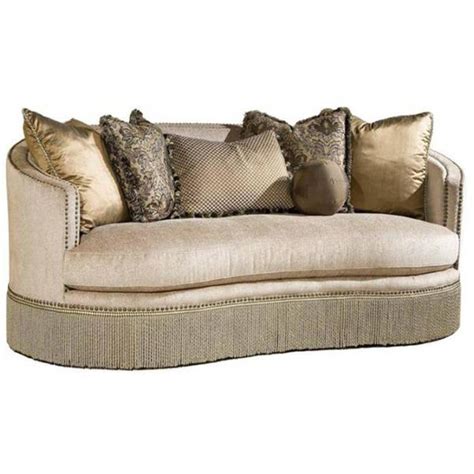 Champagne Curved Nail Head Trim Sofa With Fringe Skirt Couch