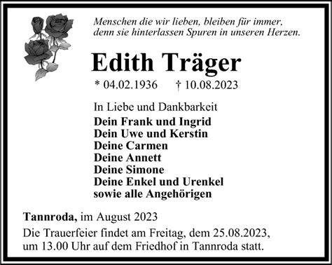 Traueranzeigen von Edith Träger trauer in thueringen de