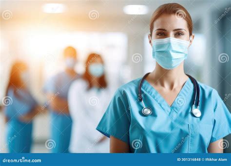 Female Doctor Or Nurse With Stethoscope And Mask On Hospital Corridor A Team Of Doctors In The