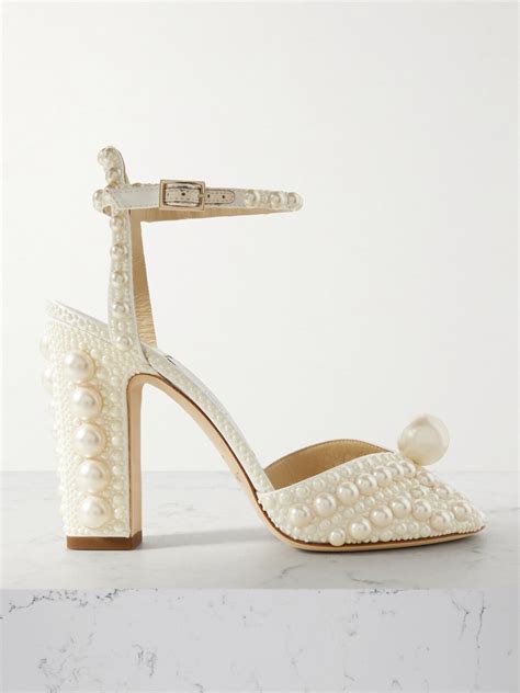 Jimmy Choo Sacaria Faux Pearl Embellished Satin Sandals Ivory