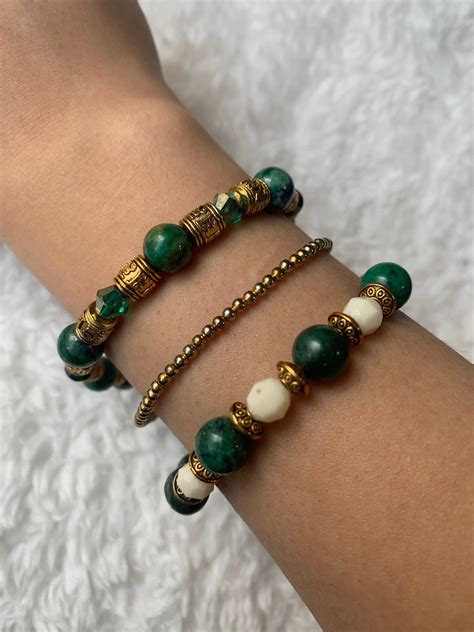 Green And Gold Beaded Bracelet Set Handmade Stretch Etsy