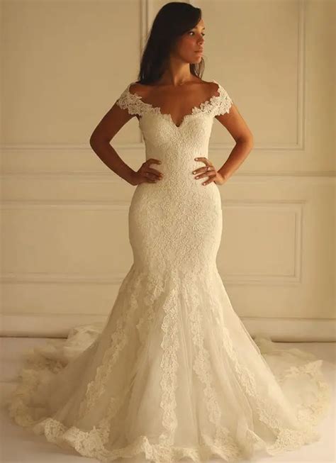 Ivory Lace Mermaid Wedding Dresses 2016 Off The Shoulder Long Fitted