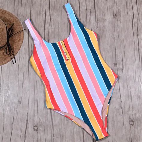 New 2019 Colorful Striped Bikinis One Piece Swimsuits Front Button