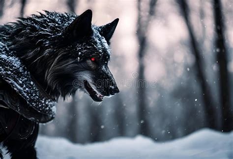 A Black Wolf With Red Eyes Walking Through The Snow In The Forest Stock