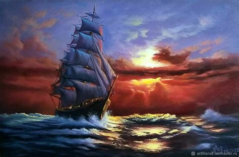 Картина Парусник маслом.Картина с Парусником в море Морской пейзаж в ...