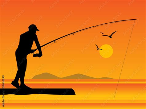 Fisherman Silhouette At Sunset Vector Illustration Stock Vector