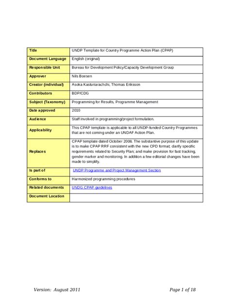 Doc Undp Template For Country Programme Action Plan Cpap Popp Undp