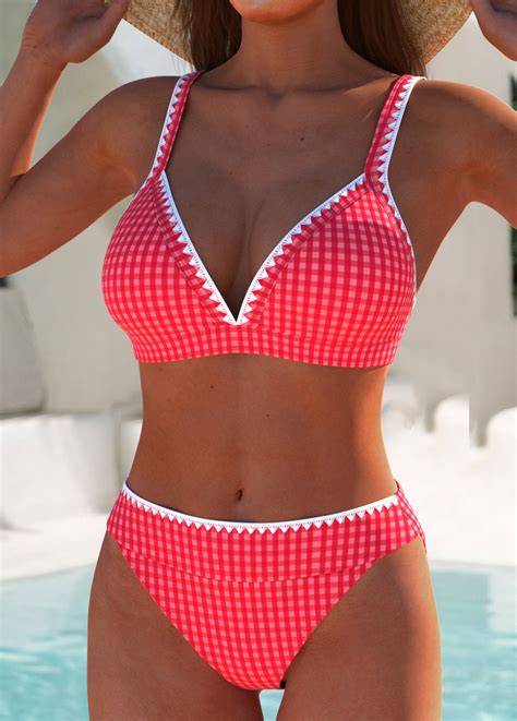 Contrast Binding Mid Waisted Plaid Red Bikini Set Modlily Usd