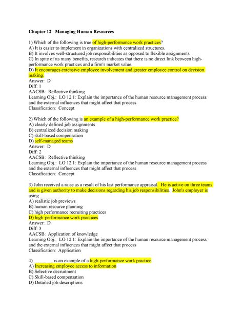 Chapter 12 Quiz Chapter 12 Managing Human Resources Which Of The