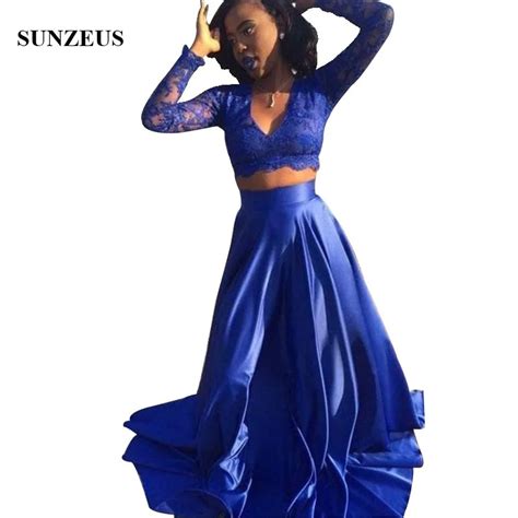 Royal Blue Prom Dresses Two Piece Crop Top Party Gowns Appliques Lace