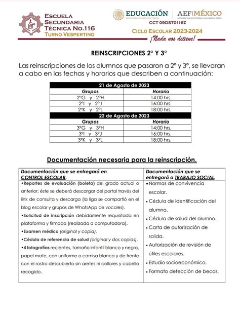 Secundaria Técnica 116 Turno Vespertino Reinscripciones Segundo Y