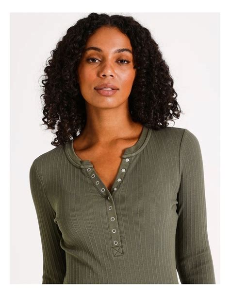 Grab Denim Organic Blend Long Sleeve Henley Tee In Khaki Myer