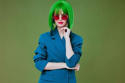 Premium Photo Pretty Woman Green Hair Blue Jacket Sunglasses High