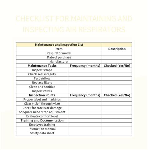 Checklist For Maintaining And Inspecting Air Respirators Excel Template