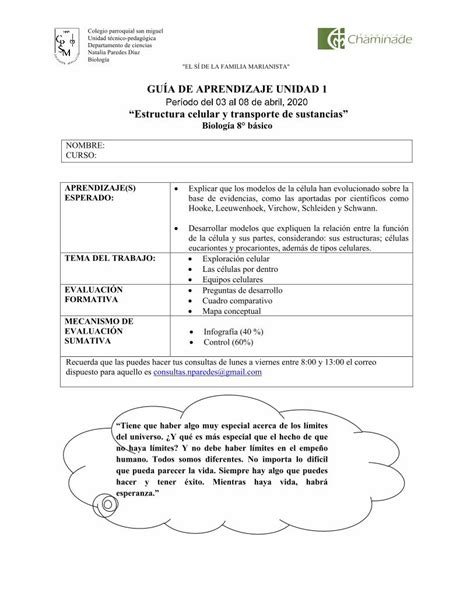 PDF GUÍA DE APRENDIZAJE UNIDAD 1 Estructura celular y transporte de