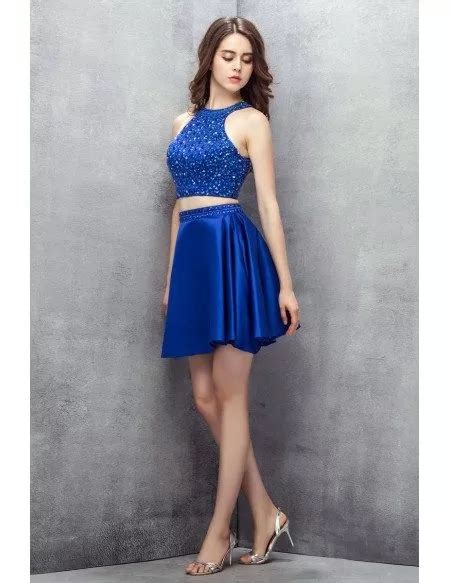 Bling Sequins Royal Blue Two Pieces Satin Short Prom Dress YH0106 122