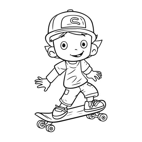 Black And White Cartoon Boy Riding A Skateboard Outline Sketch Drawing ...