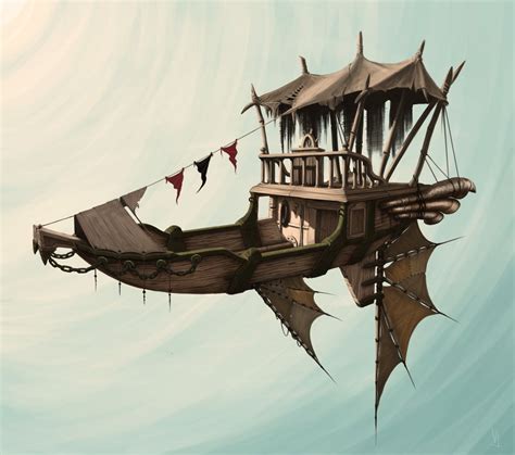 Steampunk airship with sails floating on water