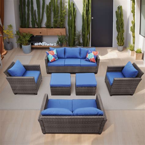 Ainfox Outdoor Patio Sofa Set Sectional Wicker Sofa Patio Furniture Rattan sofa Navy Blue 6PCS 7 ...