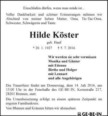 Traueranzeigen von Hilde Köster Trauer Gedenken