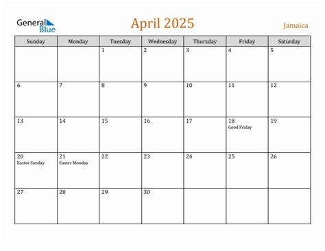 Free April 2025 Jamaica Calendar