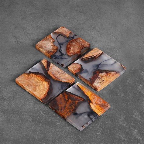 Rustic Style Pine Wood Resin Piece Coasters Set Handmade Square