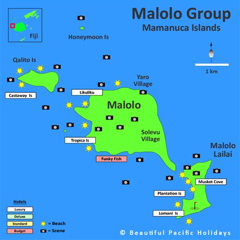 Map of Malolo Island in Fiji Islands showing Hotel Locations