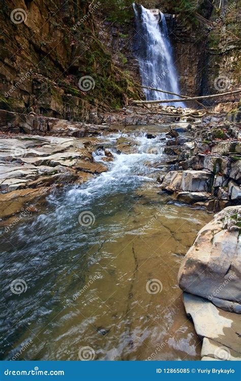 Waterfall And Brook In Mountain Forest Ravine Stock Image Image Of