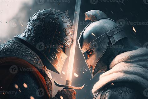 Side View Of Two Medieval Knights In Armor And Helmets With Sword Confronting Each Other Battle