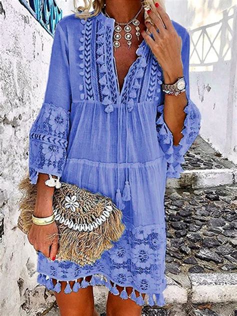 Sleeve V Neck Holiday Boho Dress Roselinlin