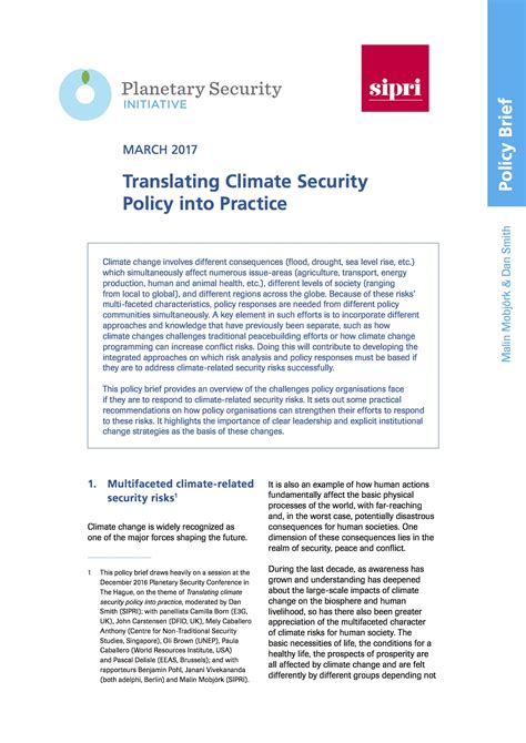 Translating Climate Security Policy Into Practice Sipri