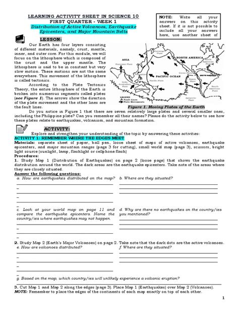 Lesson Learning Activity Sheet In Science 10 First Quarter Week 1 Pdf Plate Tectonics