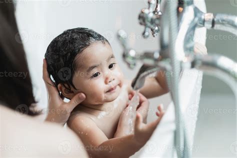 Asian Cute Kid Girl Toddler Having A Bath Wash Hair Cleaning Bathing