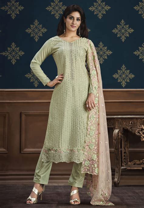 Pista Green Chinon Pakistani Suit 255762