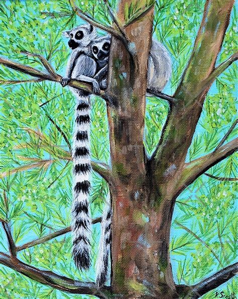 Two Lemurs In A Tree Painting By Kirsten Sneath Redbubble