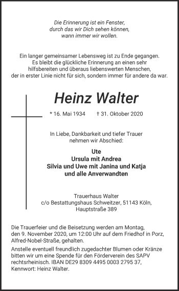 Traueranzeigen Von Heinz Walter WirTrauern